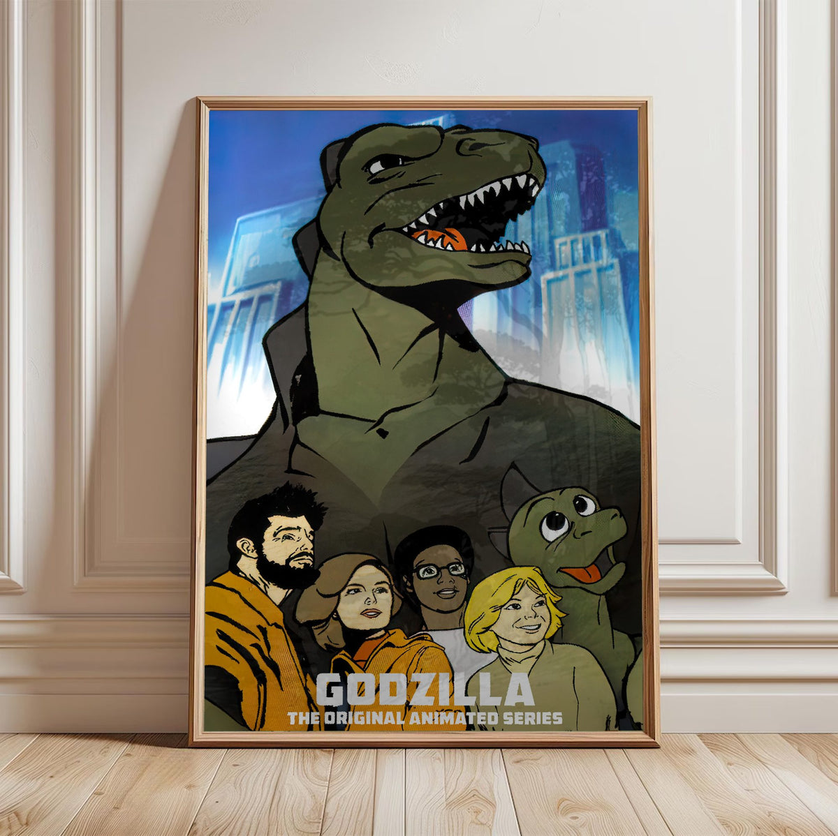 Godzilla (1978) Animated Series Art poster in a light oak frame leaning against a white wall