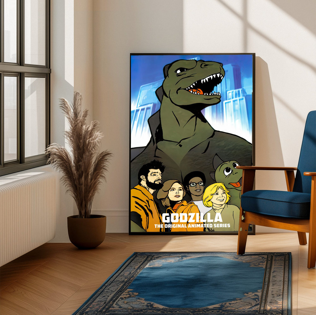 Godzilla (1978) Animated Series Art poster framed beside a blue armchair in a sunlit room