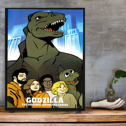 Godzilla (1978) Animated Series Art poster in a black frame on a wooden shelf against concrete