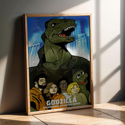 Godzilla (1978) Animated Series Art poster in an oak frame leaning on a wooden floor
