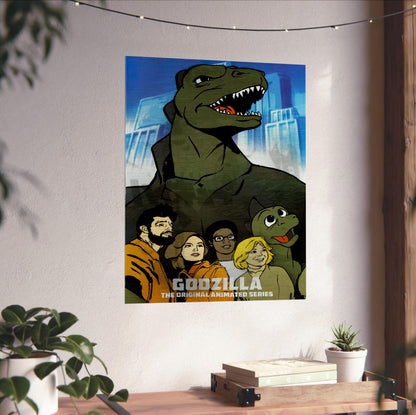 Godzilla (1978) Animated Series Art poster unframed on a white wall above a desk
