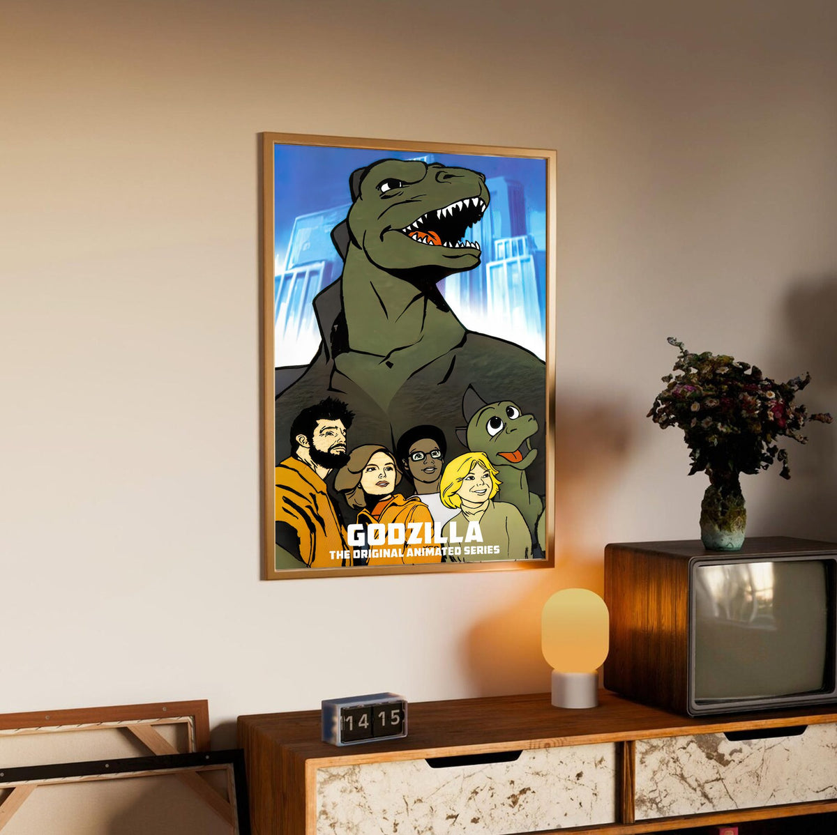 Godzilla (1978) Animated Series Art poster in an oak frame above a sideboard
