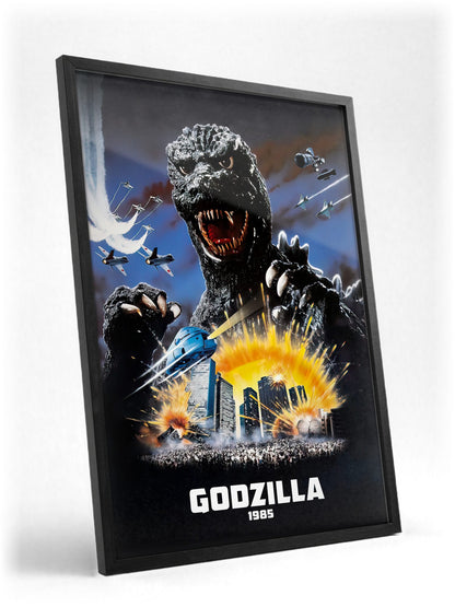 Godzilla 1985 (1985) Movie Key Art poster in a black frame with glass leaning against a wall