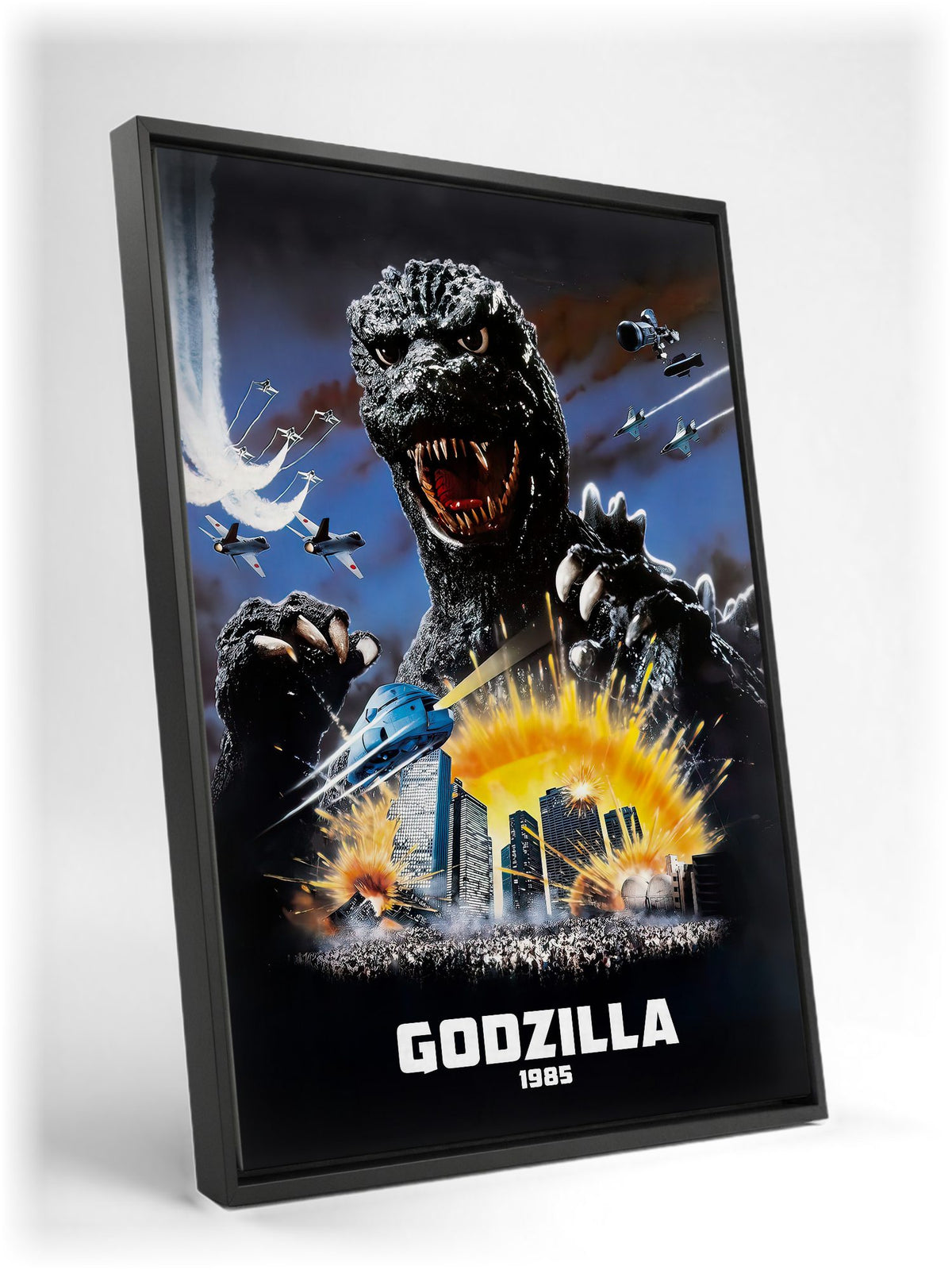 Godzilla 1985 (1985) Movie Key Art as a black floater framed canvas leaning against a wall