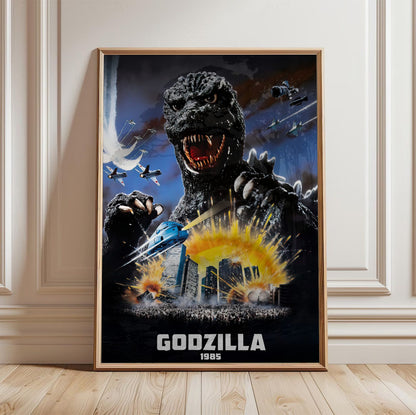 Godzilla 1985 (1985) Movie Key Art poster in a light oak frame leaning against a white wall