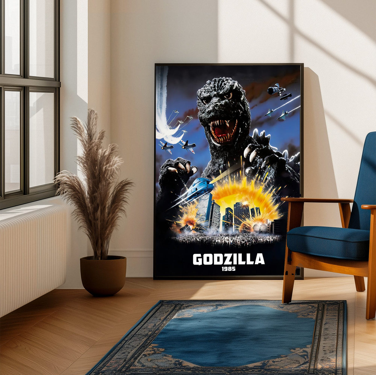 Godzilla 1985 (1985) Movie Key Art poster framed beside a blue armchair in a sunlit room