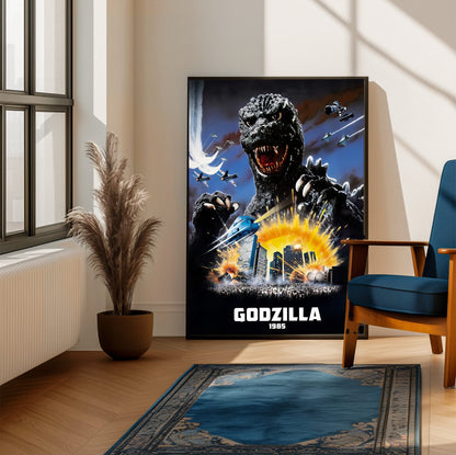Godzilla 1985 (1985) Movie Key Art poster framed beside a blue armchair in a sunlit room