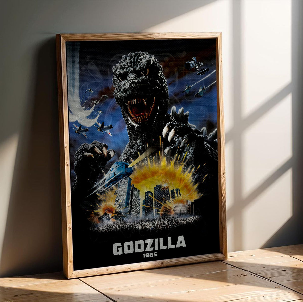 Godzilla 1985 (1985) Movie Key Art poster in an oak frame leaning on a wooden floor