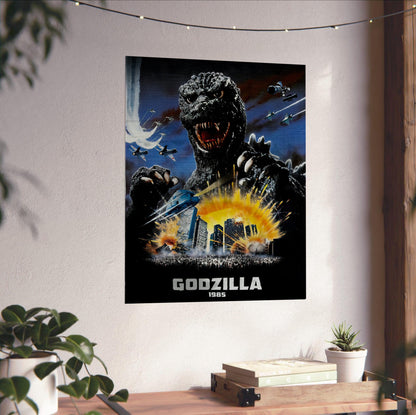 Godzilla 1985 (1985) Movie Key Art poster unframed on a white wall above a desk