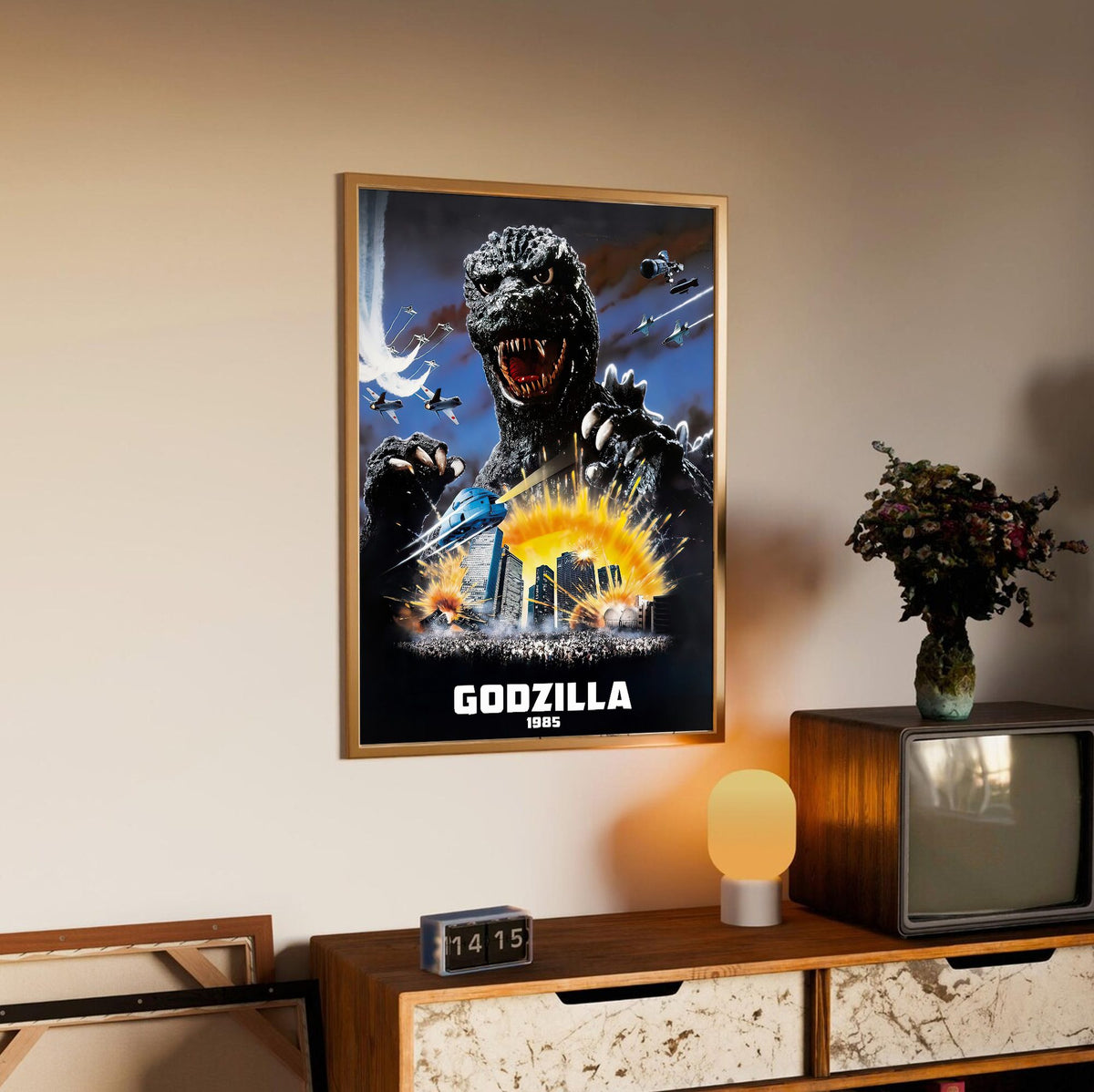 Godzilla 1985 (1985) Movie Key Art poster in an oak frame above a sideboard