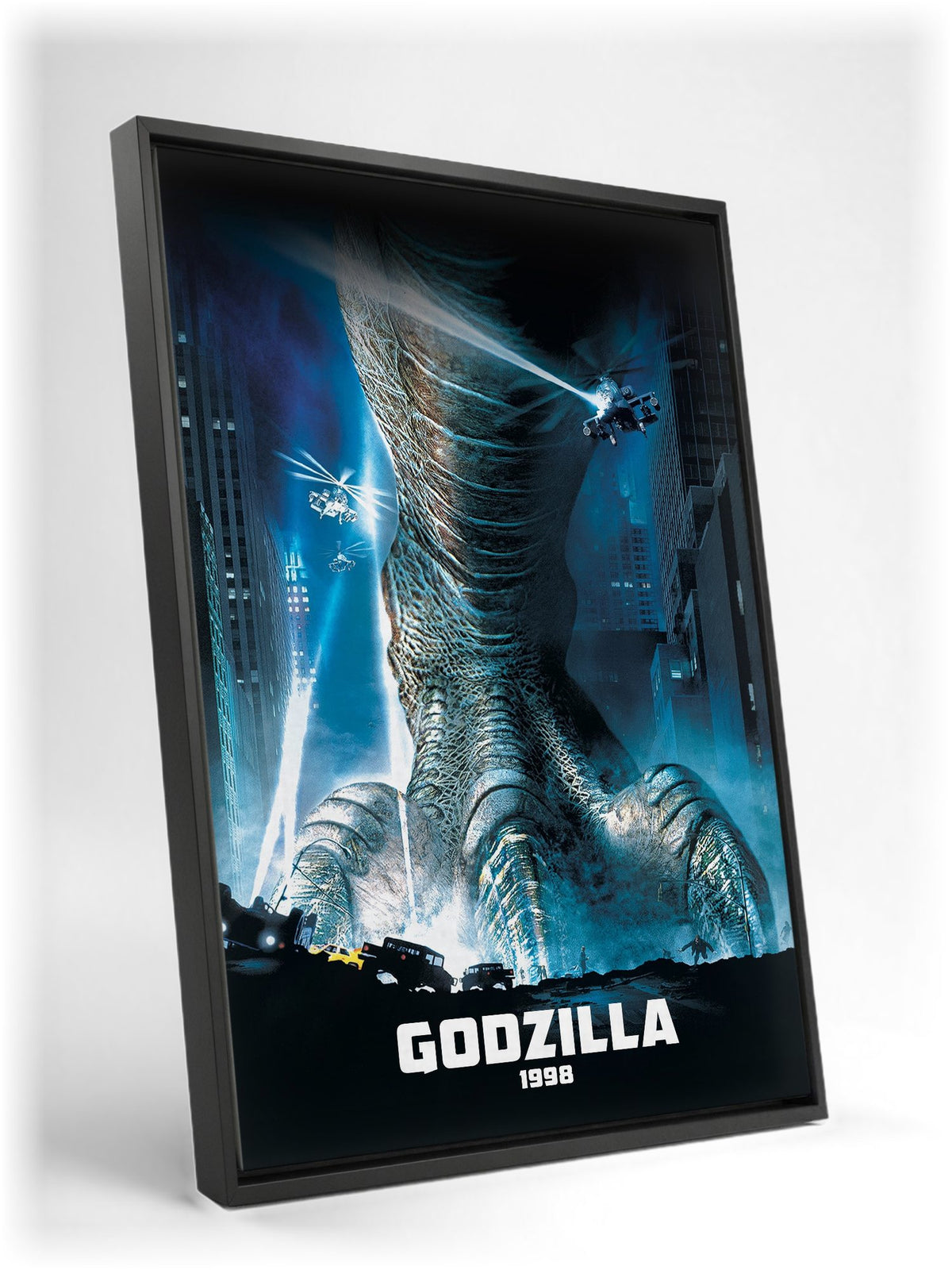 Godzilla (1998) Movie Key Art as a black floater framed canvas leaning against a wall