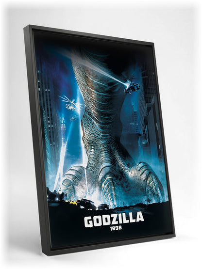 Godzilla (1998) Movie Key Art as a black floater framed canvas leaning against a wall