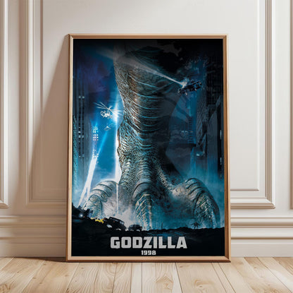Godzilla (1998) Movie Key Art poster in a light oak frame leaning against a white wall