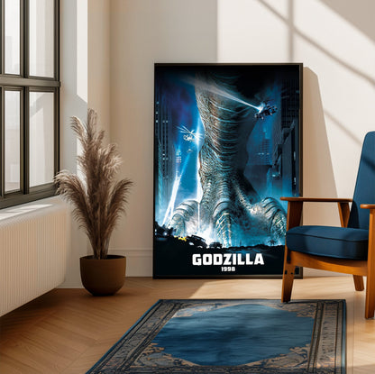 Godzilla (1998) Movie Key Art poster framed beside a blue armchair in a sunlit room