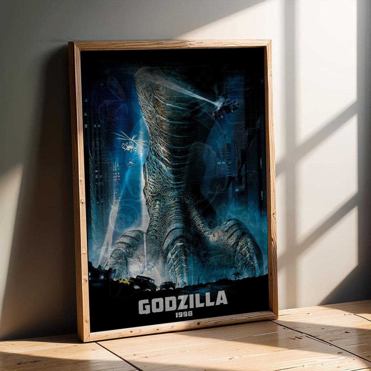Godzilla (1998) Movie Key Art poster in an oak frame leaning on a wooden floor