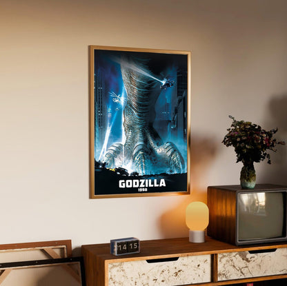 Godzilla (1998) Movie Key Art poster in an oak frame above a sideboard