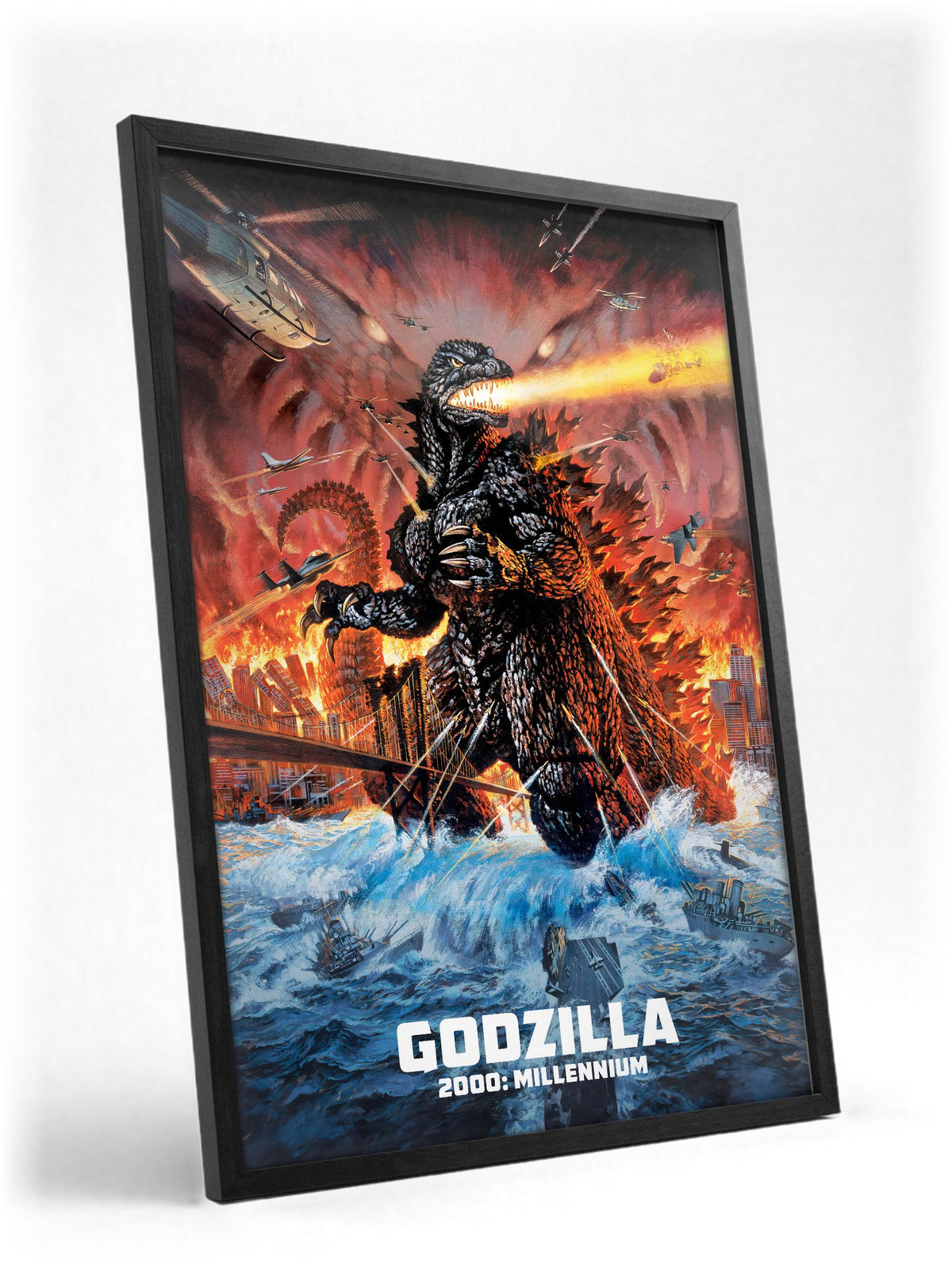 Godzilla 2000: Millennium (1999) Movie Key Art poster in a black frame with glass leaning against a wall
