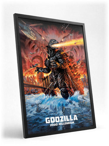 Godzilla 2000: Millennium (1999) Movie Key Art poster in a black frame with glass leaning against a wall