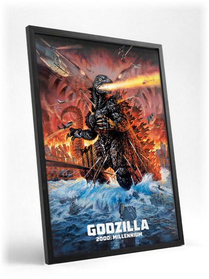 Godzilla 2000: Millennium (1999) Movie Key Art poster in a black frame with glass leaning against a wall