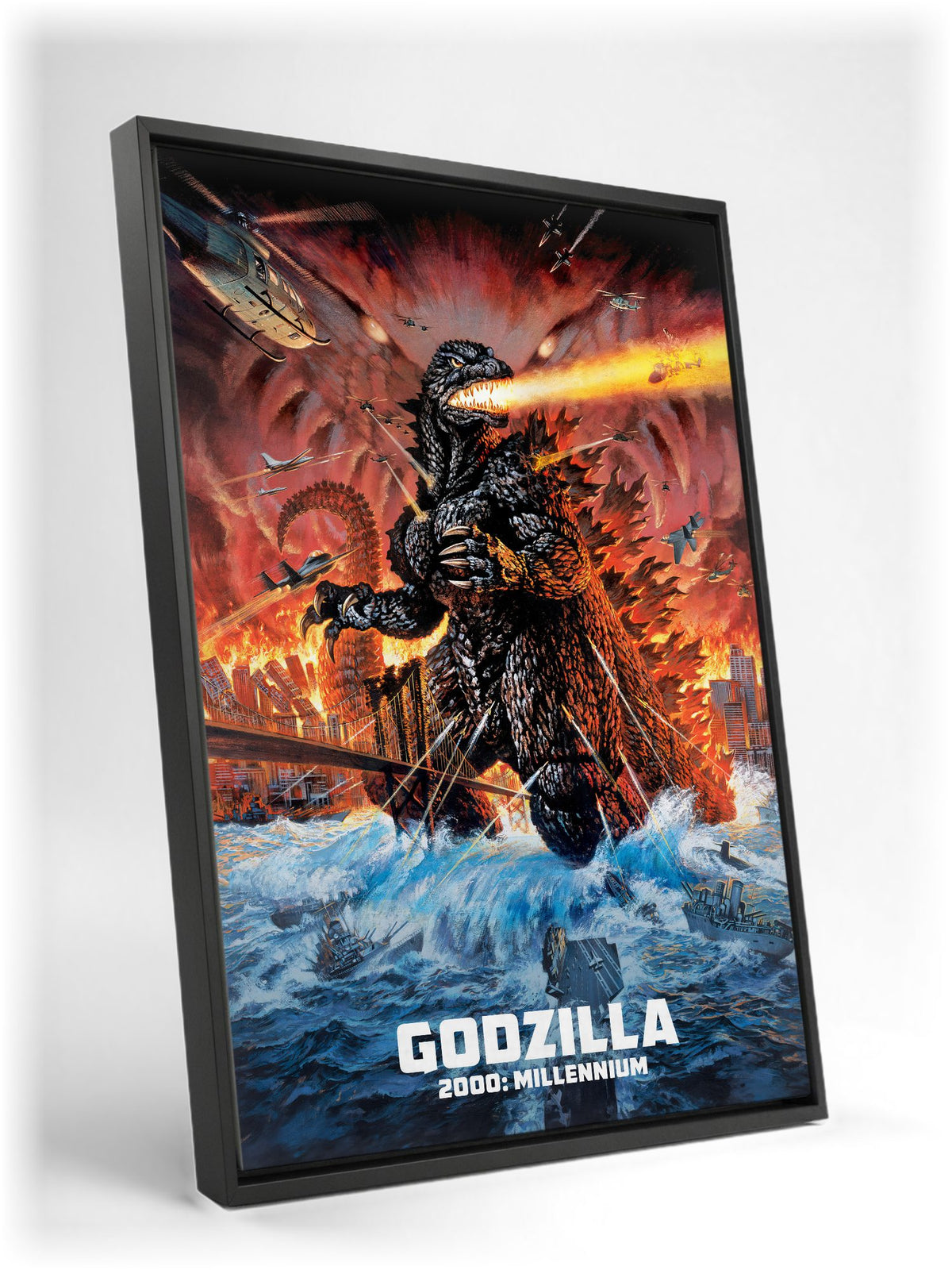 Godzilla 2000: Millennium (1999) Movie Key Art as a black floater framed canvas leaning against a wall