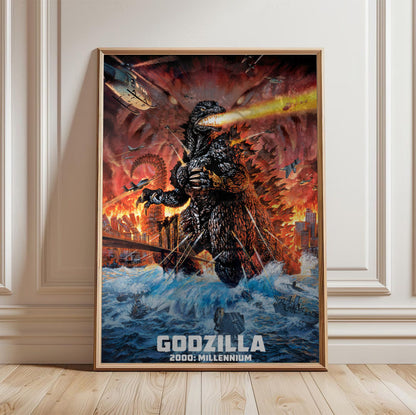 Godzilla 2000: Millennium (1999) Movie Key Art poster in a light oak frame leaning against a white wall