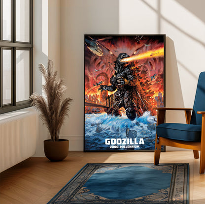 Godzilla 2000: Millennium (1999) Movie Key Art poster framed beside a blue armchair in a sunlit room