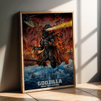 Godzilla 2000: Millennium (1999) Movie Key Art poster in an oak frame leaning on a wooden floor