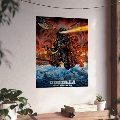 Godzilla 2000: Millennium (1999) Movie Key Art poster unframed on a white wall above a desk