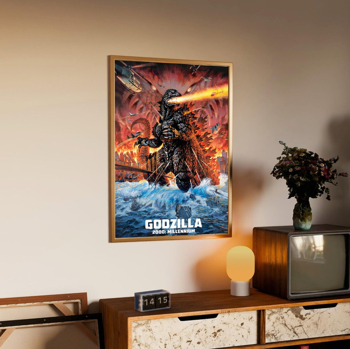 Godzilla 2000: Millennium (1999) Movie Key Art poster in an oak frame above a sideboard
