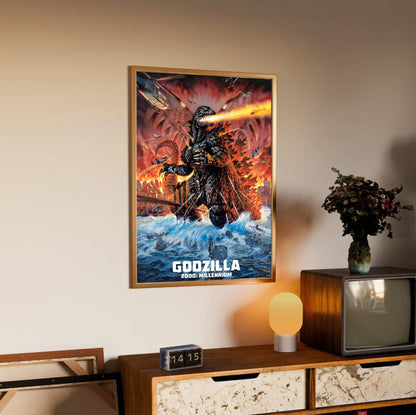 Godzilla 2000: Millennium (1999) Movie Key Art poster in an oak frame above a sideboard