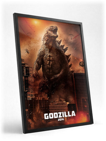 Godzilla (2014) Movie Key Art poster in a black frame with glass leaning against a wall