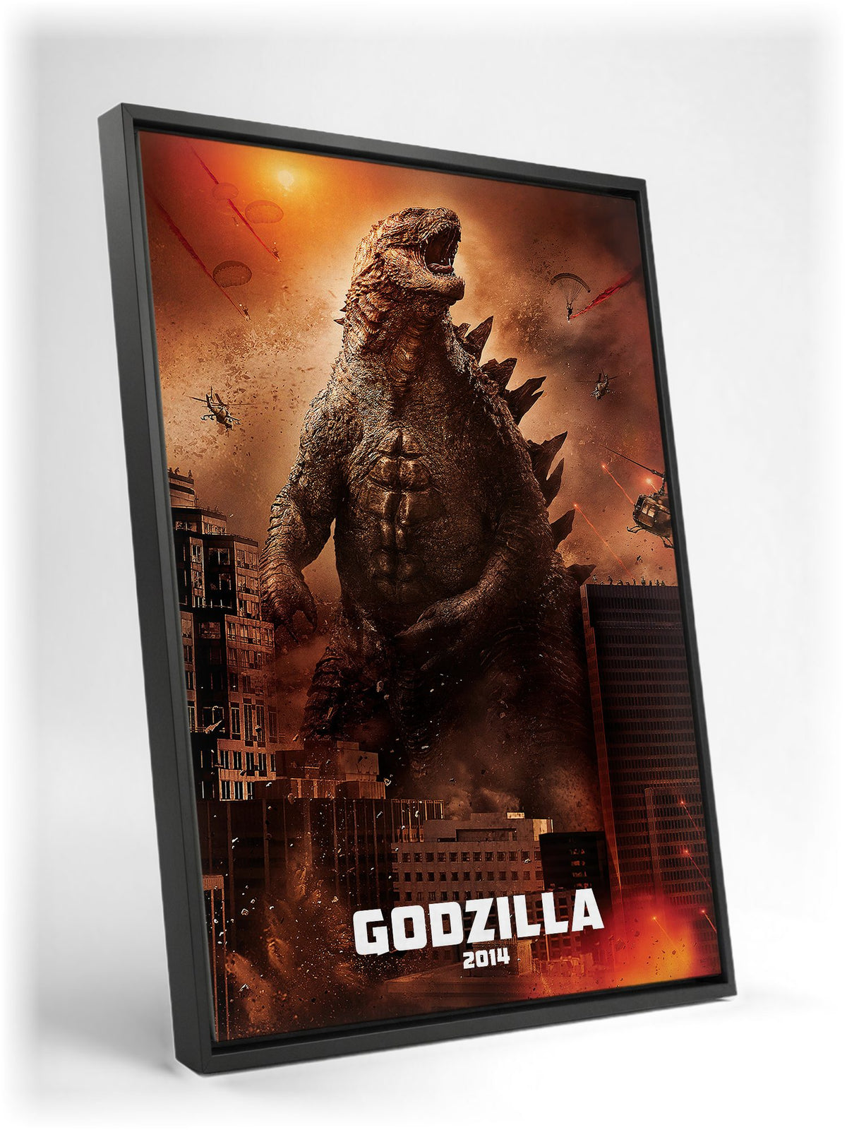 Godzilla (2014) Movie Key Art as a black floater framed canvas leaning against a wall