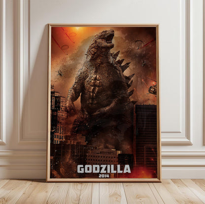 Godzilla (2014) Movie Key Art poster in a light oak frame leaning against a white wall