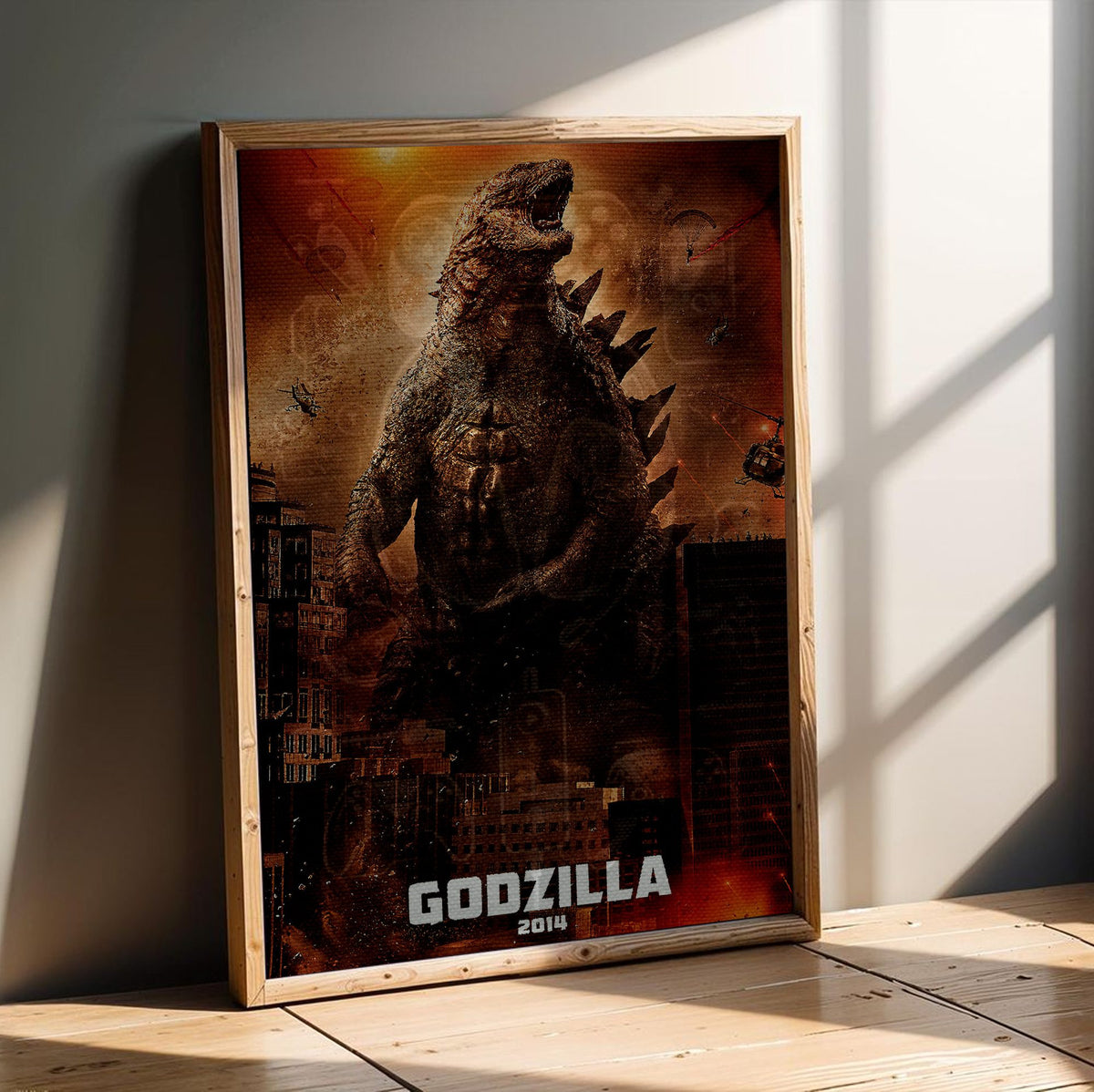 Godzilla (2014) Movie Key Art poster in an oak frame leaning on a wooden floor