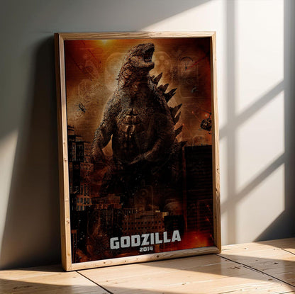 Godzilla (2014) Movie Key Art poster in an oak frame leaning on a wooden floor
