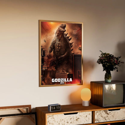 Godzilla (2014) Movie Key Art poster in an oak frame above a sideboard
