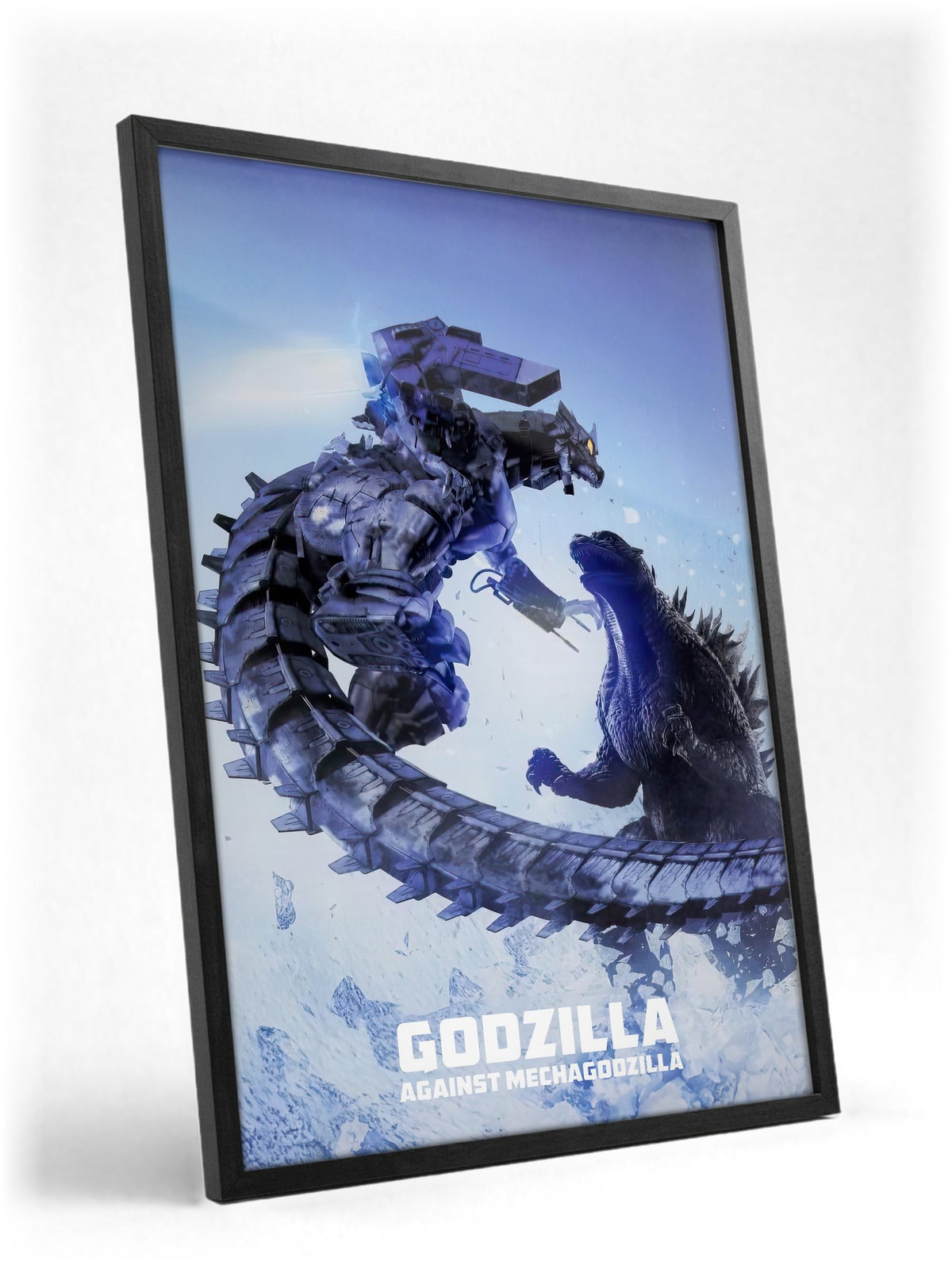 Godzilla Against MechaGodzilla (2002) Movie Key Art poster in a black frame with glass leaning against a wall