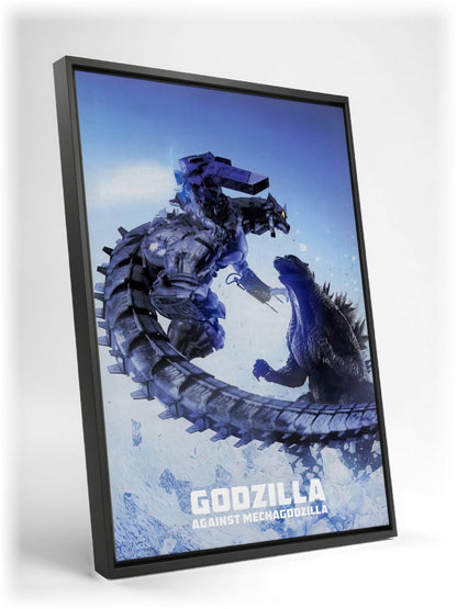 Godzilla Against MechaGodzilla (2002) Movie Key Art as a black floater framed canvas leaning against a wall