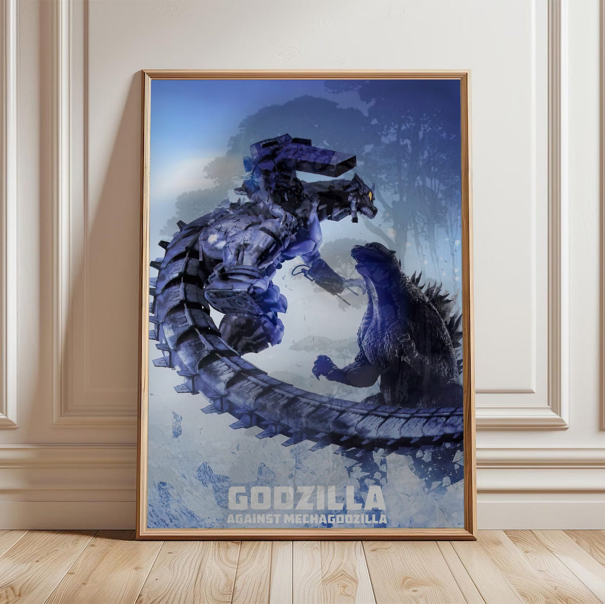 Godzilla Against MechaGodzilla (2002) Movie Key Art poster in a light oak frame leaning against a white wall