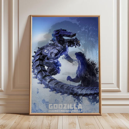 Godzilla Against MechaGodzilla (2002) Movie Key Art poster in a light oak frame leaning against a white wall