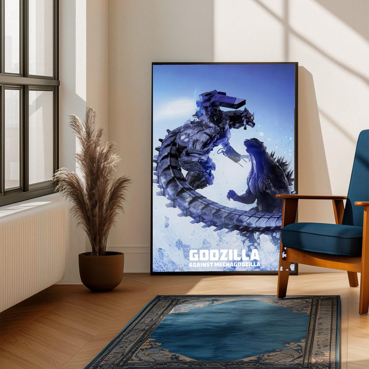Godzilla Against MechaGodzilla (2002) Movie Key Art poster framed beside a blue armchair in a sunlit room