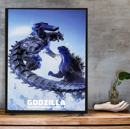 Godzilla Against MechaGodzilla (2002) Movie Key Art poster in a black frame on a wooden shelf against concrete