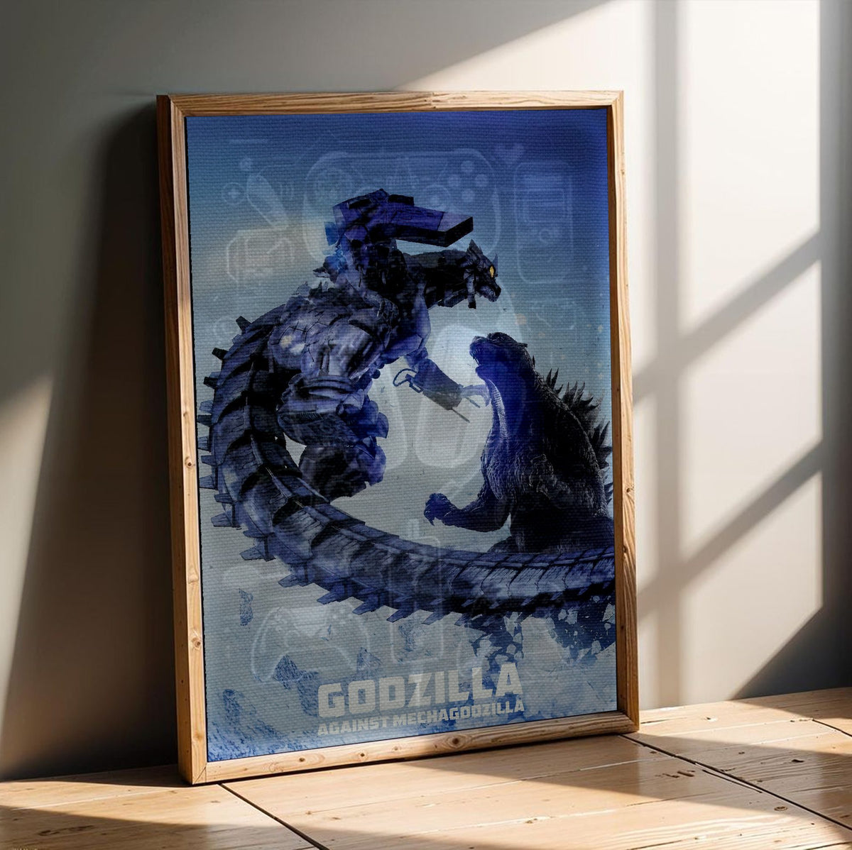 Godzilla Against MechaGodzilla (2002) Movie Key Art poster in an oak frame leaning on a wooden floor