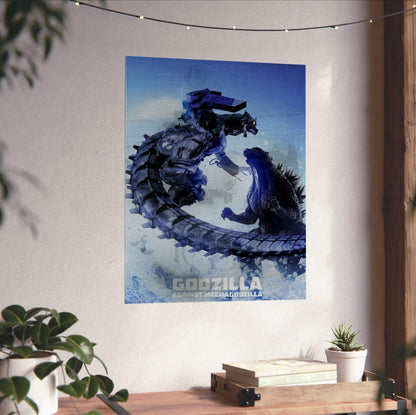 Godzilla Against MechaGodzilla (2002) Movie Key Art poster unframed on a white wall above a desk