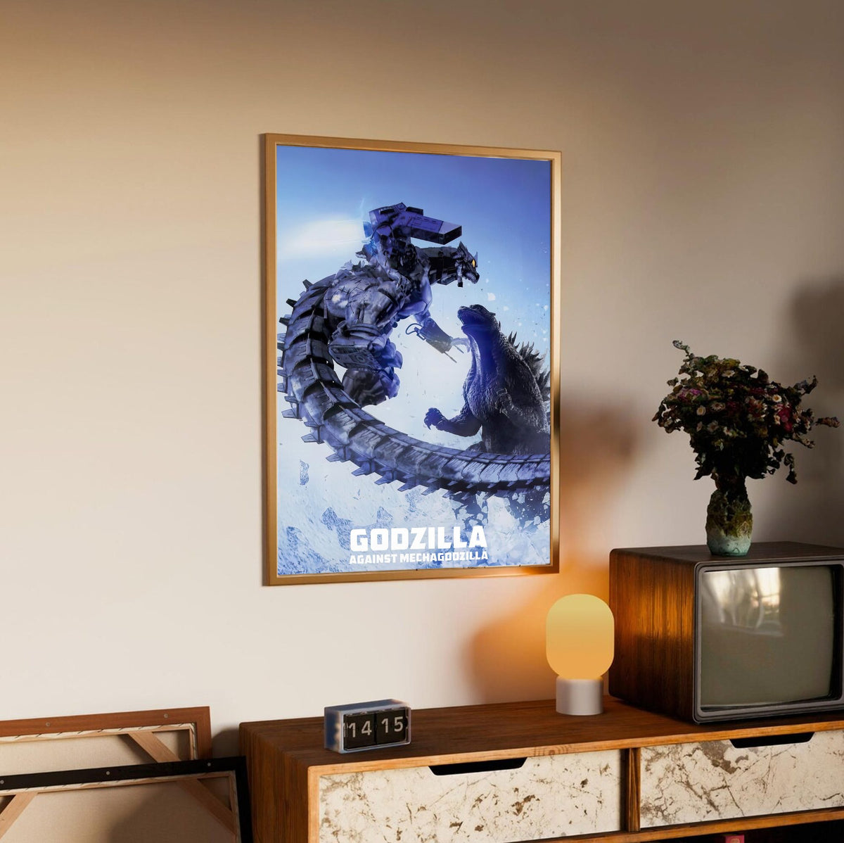 Godzilla Against MechaGodzilla (2002) Movie Key Art poster in an oak frame above a sideboard