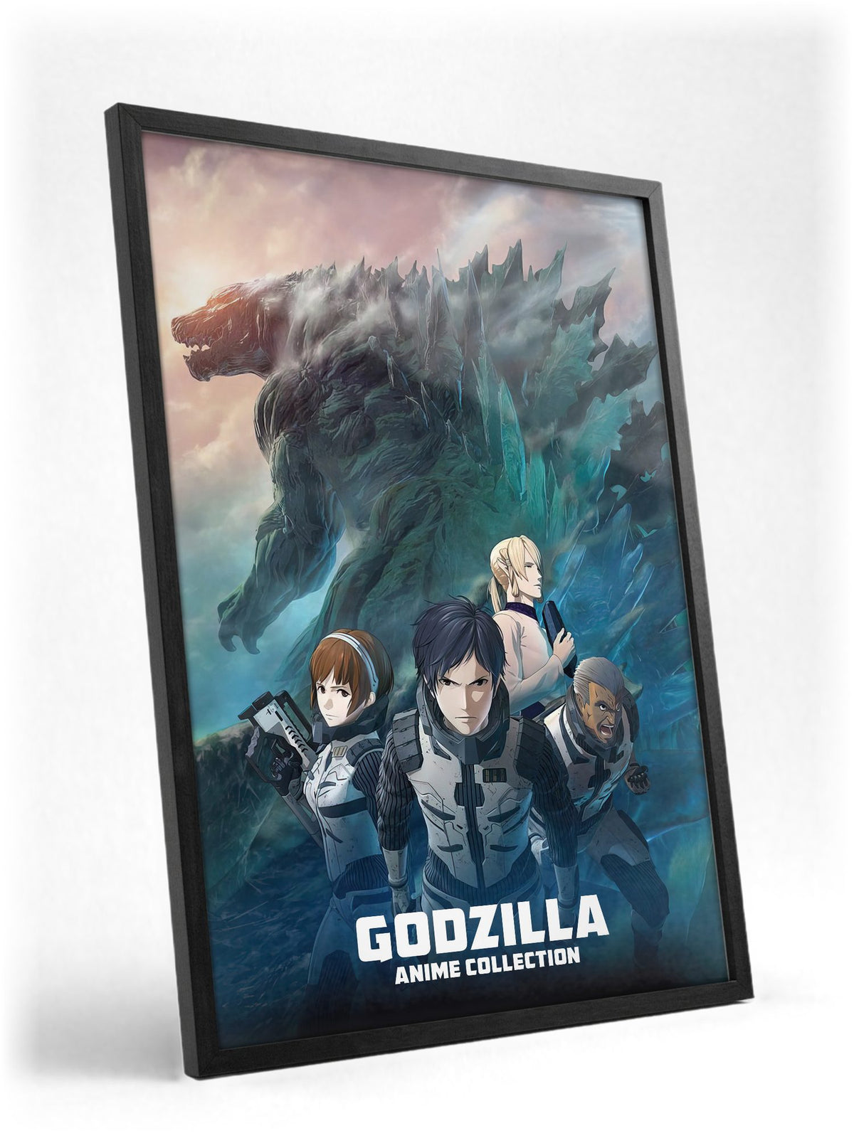 Godzilla Anime Trilogy Movie Collection Art poster in a black frame with glass leaning against a wall