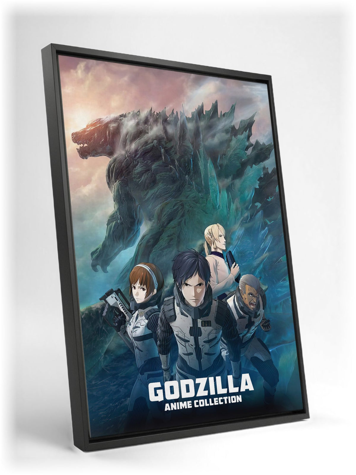 Godzilla Anime Trilogy Movie Collection Art as a black floater framed canvas leaning against a wall