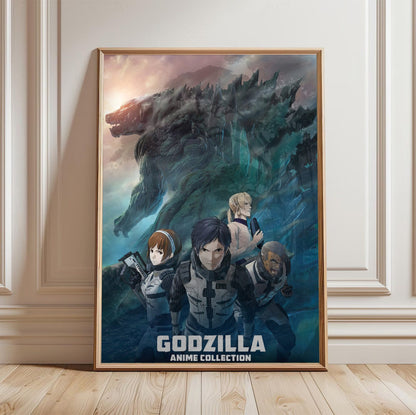 Godzilla Anime Trilogy Movie Collection Art poster in a light oak frame leaning against a white wall