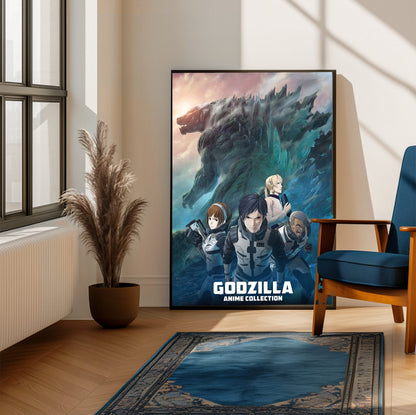 Godzilla Anime Trilogy Movie Collection Art poster framed beside a blue armchair in a sunlit room