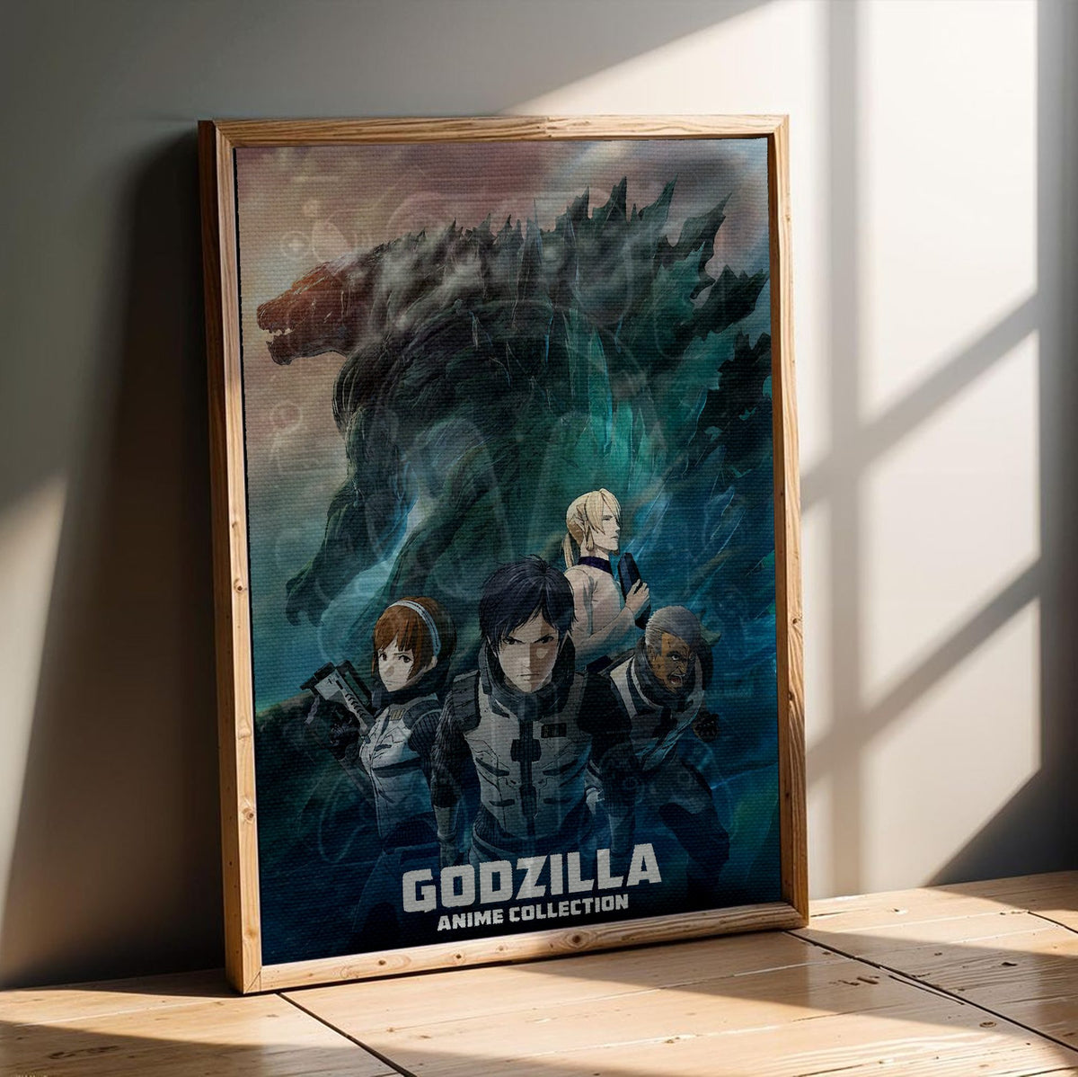 Godzilla Anime Trilogy Movie Collection Art poster in an oak frame leaning on a wooden floor